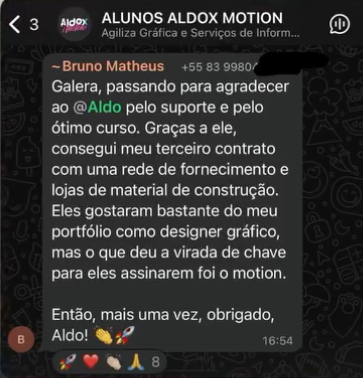 Depoimento de Bruno Matheus contando que conquistou seu terceiro contrato e que o motion foi decisivo para a contratação.