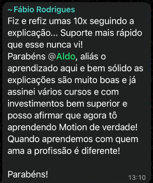 Depoimento de Fábio Rodrigues elogiando a solidez das explicações e a rapidez do suporte da Aldox Motion.